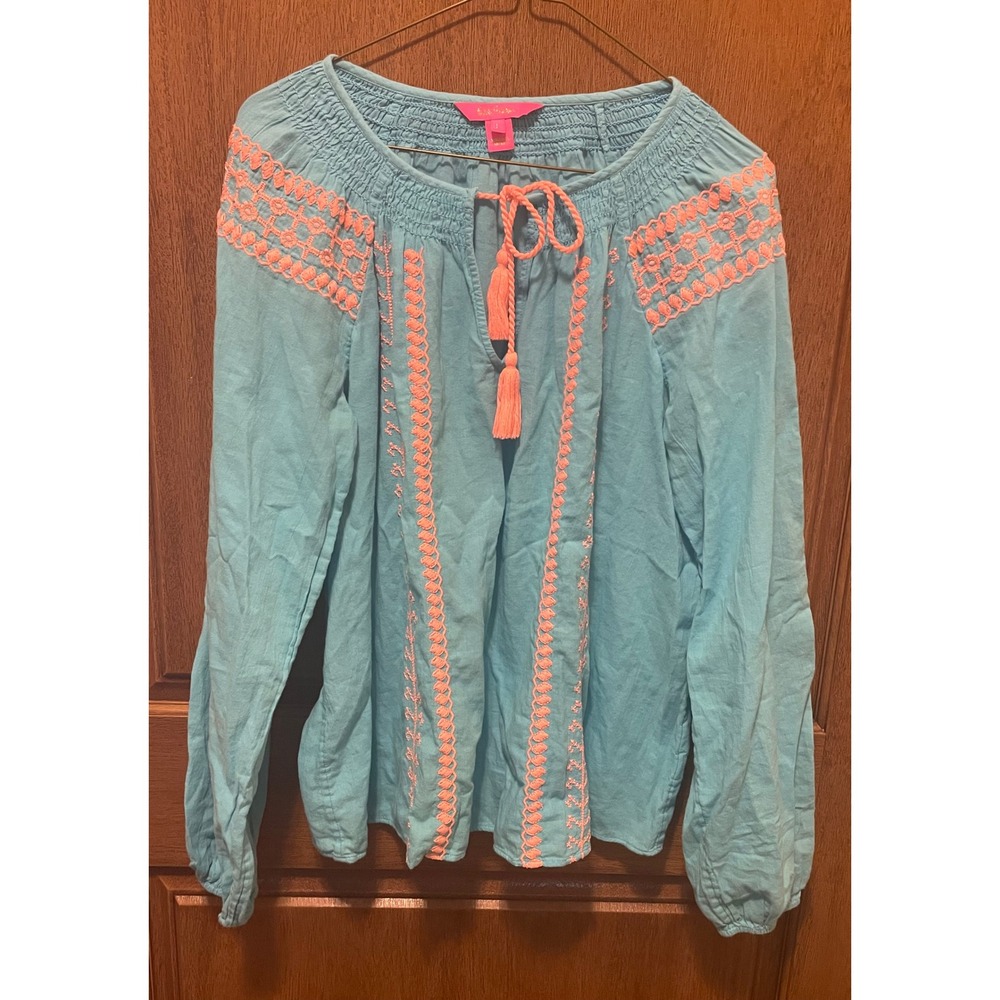 Lilly Pulitzer Blue Pink Embroidered Cotton Gauze Tassel Boho Blouse Top Large
